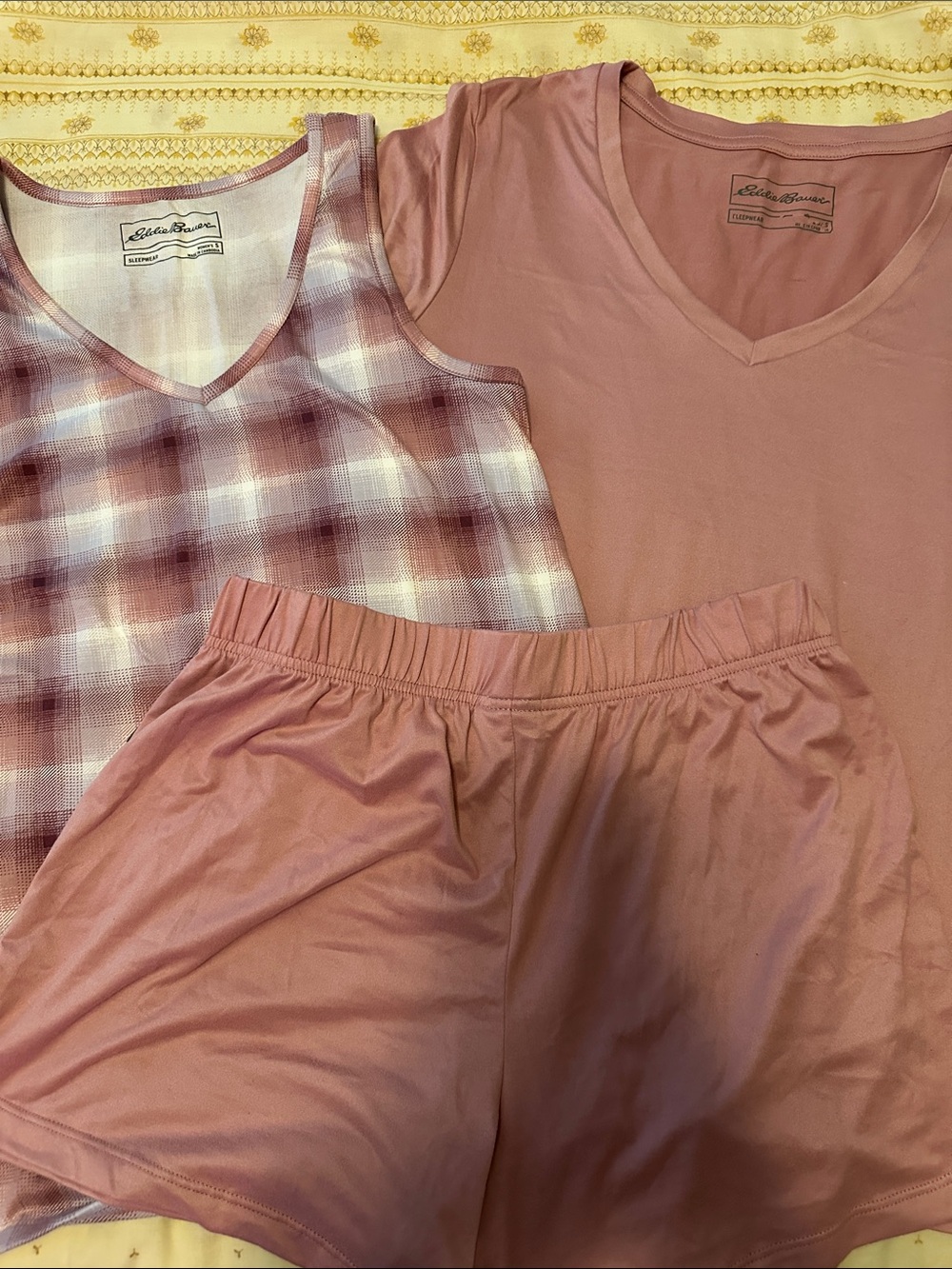 Eddie Bauer Rose-Mauve Pajama Set — Plaid Tank, V-Neck Top & Shorts